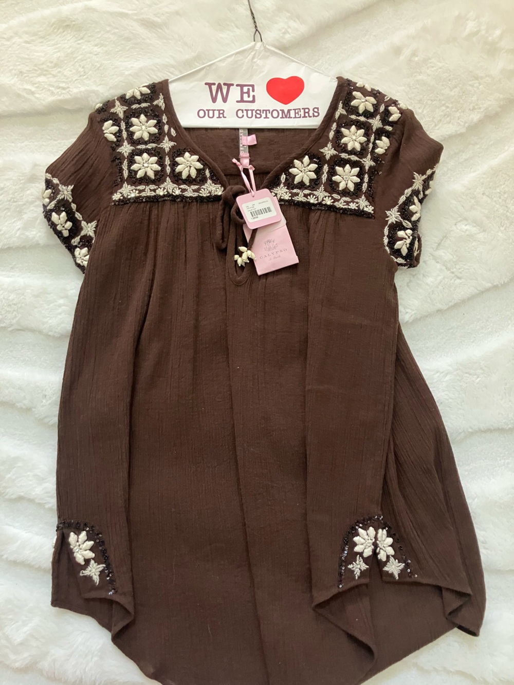 Calypso St. Barth Brown Embroidered Peasant Top with Cream Floral Accents